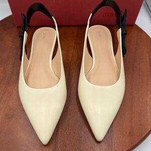 Maeve Side Bow Slingback Flats Creme Black Leather Pointed Toe Womens 8 Coquette